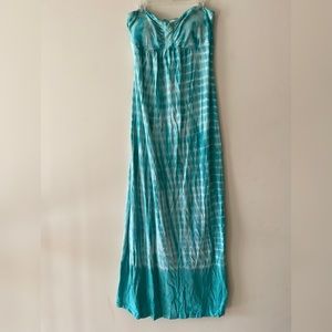 Teal Tie-dye Sleeveless Bustier Ruched Maxi Dress